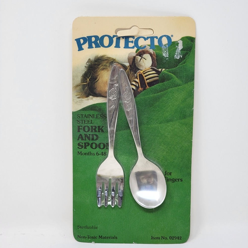Vintage Protecto Baby Infant Stainless Steel Fork + Spoon with Rose Design New